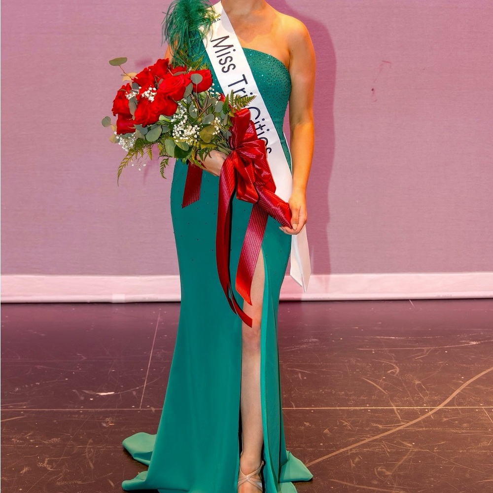 Ashley Lauren Green Feather One Shoulder Gown